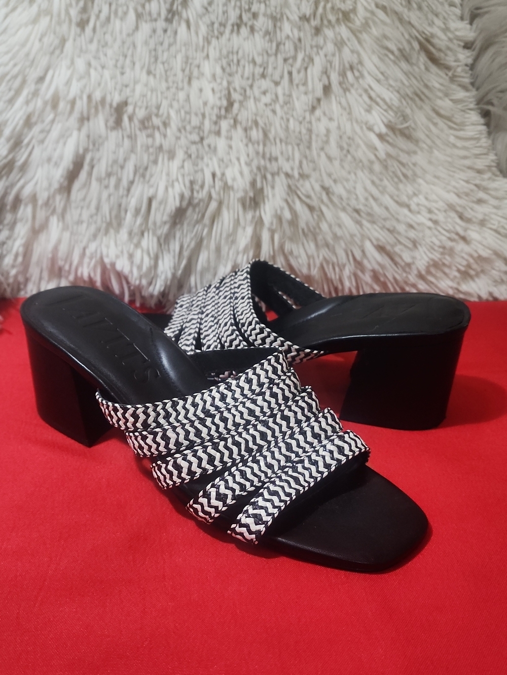 Eric Javits Black and White Striped Slide Sandals